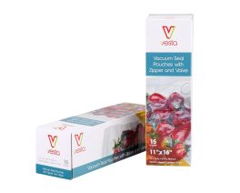 Vesta Precision Reusable Vacuum Seal Pouches, Clear and Embossed with Zipper and Valve - 11"x16" - 15/box