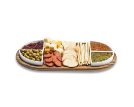 Charcuterie Acacia Serving Tray, 20” x 11” with 4 triangular ceramic condiment bowls