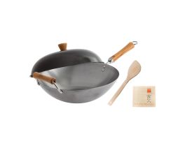 Joyce Chen Classic Series 14-Inch Uncoated Carbon Steel Wok Set with Lid and Birch Handles, 4 Pieces  Silver