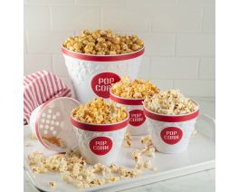 Plastic Popcorn Bucket and Popcorn Bowls with Removable Kernel Catcher 5-Piece Set, Red