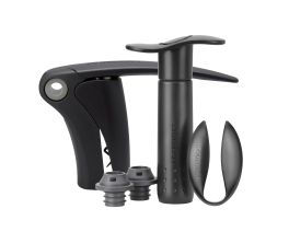5 Piece Wine Tools Gift Set (Compact Lever, Foil Cutter & Pump with 2 Stoppers) - Black/Grey