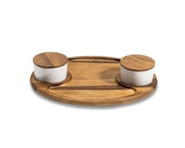 Charcuterie/ Serving Tray w/ 2 ceramic bowls w/ lids 15” x 12”