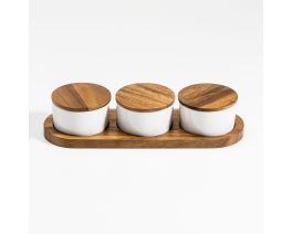 Ceramic Condiment Set on Acacia Wood Base 13” x 3.75”